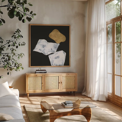 Delicate Balance I by Chris Paschke. Shown in a natural wood frame in a cozy modern living room. Available as an archival giclee rolled canvas, fine art paper, or poster print. SKU 86819a.