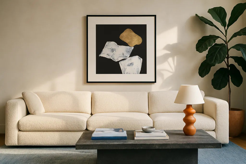 Delicate Balance I by Chris Paschke. Displayed in a glass frame with matte in a clean modern living room. Available as an archival giclee rolled canvas, fine art paper, or poster print. SKU 86819a.