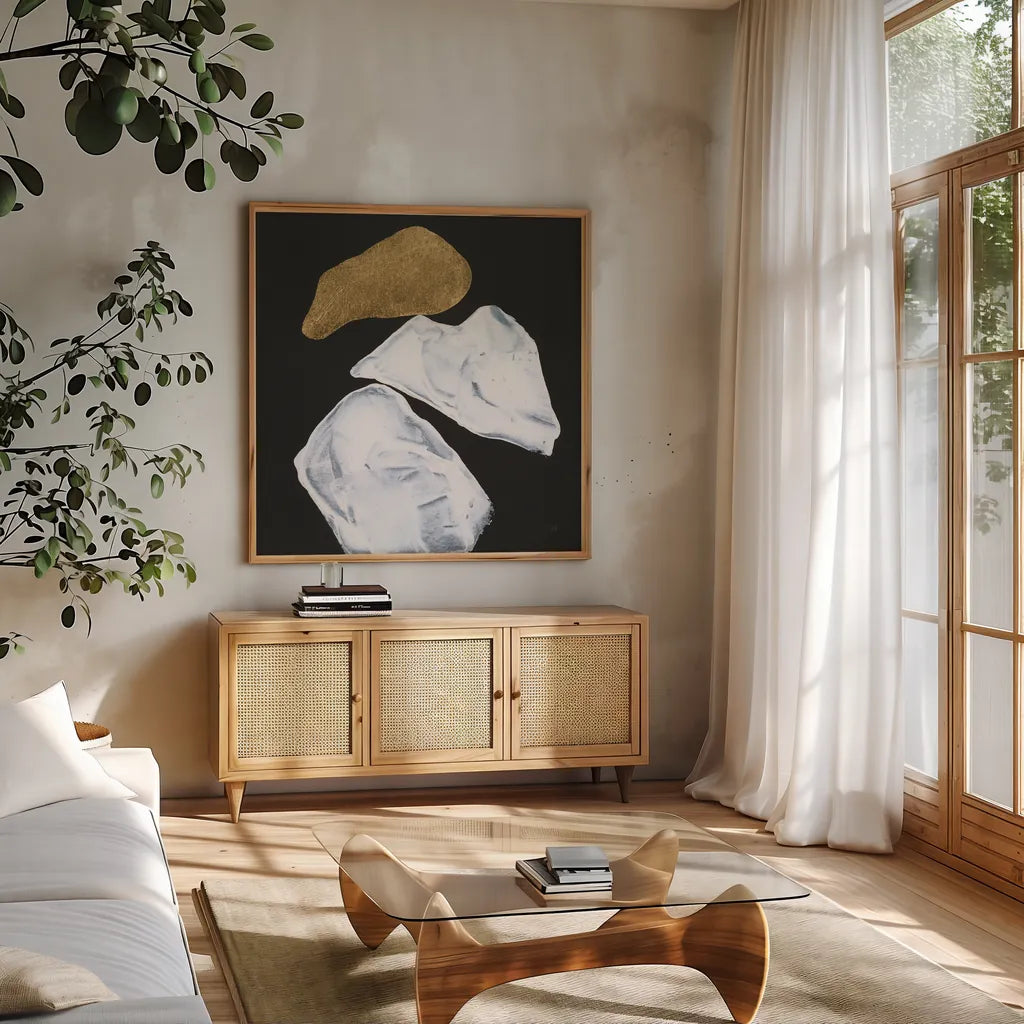 Delicate Balance II by Chris Paschke. Shown in a natural wood frame in a cozy modern living room. Available as an archival giclee rolled canvas, fine art paper, or poster print. SKU 86820a.