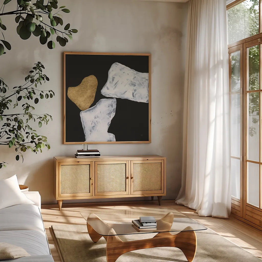 Delicate Balance III by Chris Paschke. Shown in a natural wood frame in a cozy modern living room. Available as an archival giclee rolled canvas, fine art paper, or poster print. SKU 86821a.