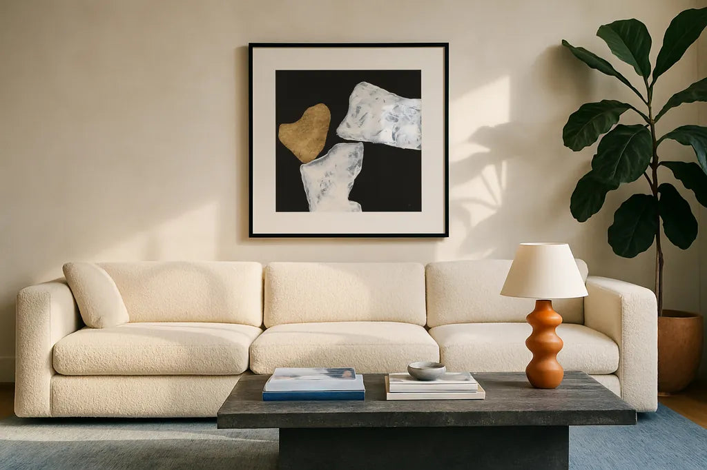 Delicate Balance III by Chris Paschke. Displayed in a glass frame with matte in a clean modern living room. Available as an archival giclee rolled canvas, fine art paper, or poster print. SKU 86821a.