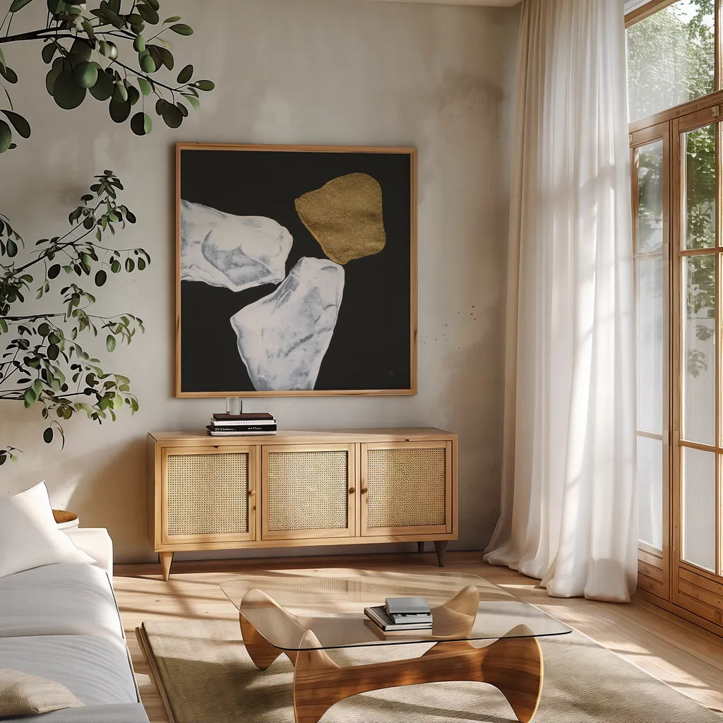 Delicate Balance IV by Chris Paschke. Shown in a natural wood frame in a cozy modern living room. Available as an archival giclee rolled canvas, fine art paper, or poster print. SKU 86822a.