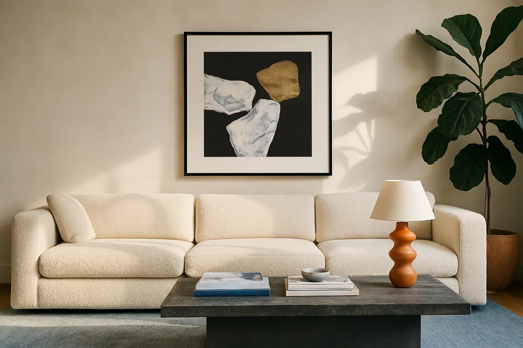 Delicate Balance IV by Chris Paschke. Displayed in a glass frame with matte in a clean modern living room. Available as an archival giclee rolled canvas, fine art paper, or poster print. SKU 86822a.