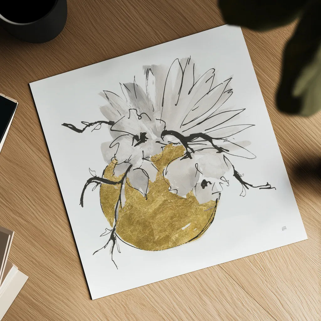 Delicate Gilded Vase I by Chris Paschke. Shown as a detailed flat fine art print, highlighting archival giclee quality. Available as an archival giclee rolled canvas, fine art paper, or poster print. SKU 74092a.