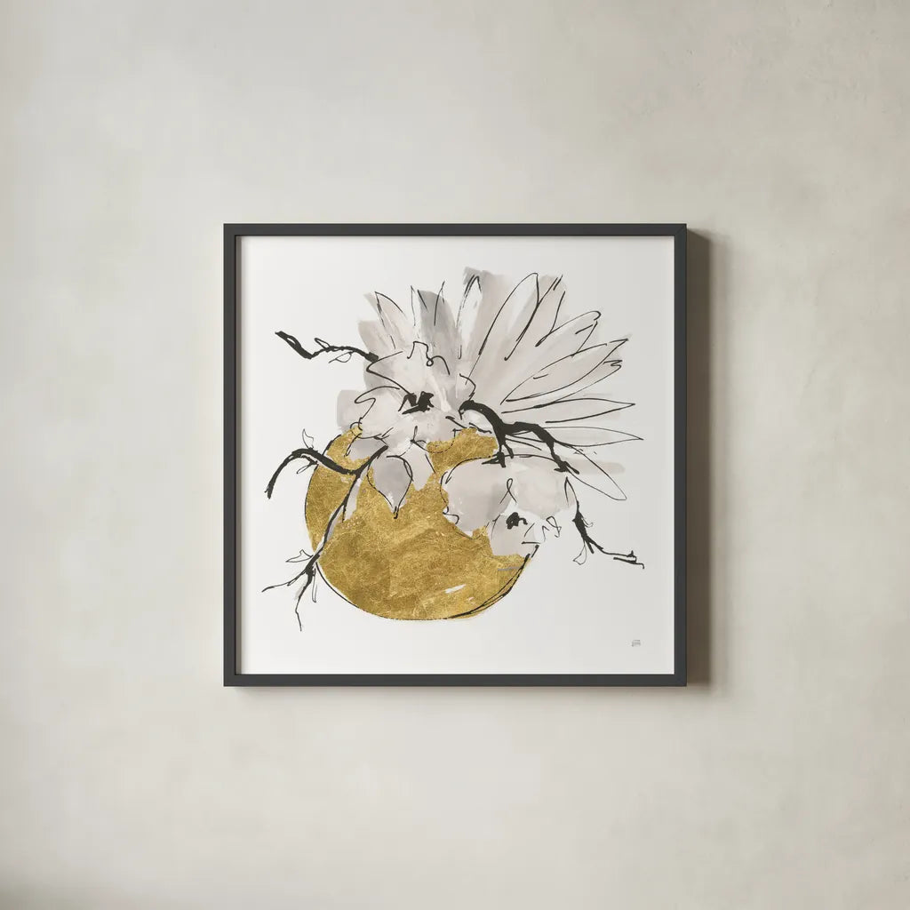 Delicate Gilded Vase I by Chris Paschke. Shown in a sleek black glass frame for a contemporary gallery look. Available as an archival giclee rolled canvas, fine art paper, or poster print. SKU 74092a.