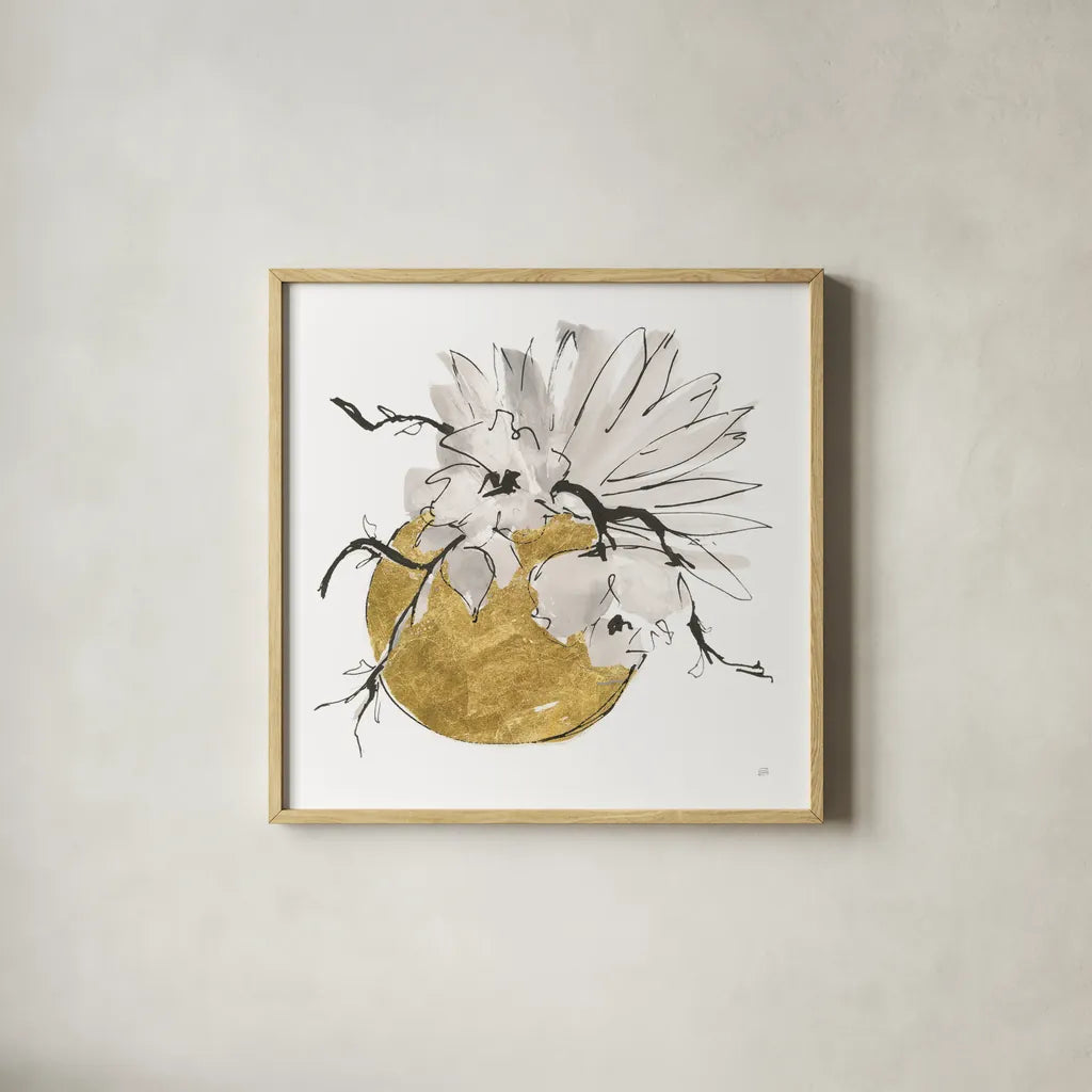 Delicate Gilded Vase I by Chris Paschke. Shown in a natural wood glass frame for a timeless modern aesthetic. Available as an archival giclee rolled canvas, fine art paper, or poster print. SKU 74092a.
