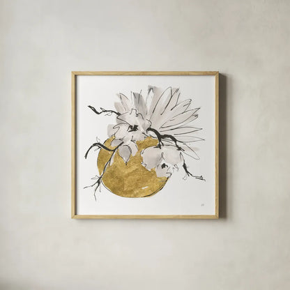 Delicate Gilded Vase I by Chris Paschke. Shown in a natural wood glass frame for a timeless modern aesthetic. Available as an archival giclee rolled canvas, fine art paper, or poster print. SKU 74092a.