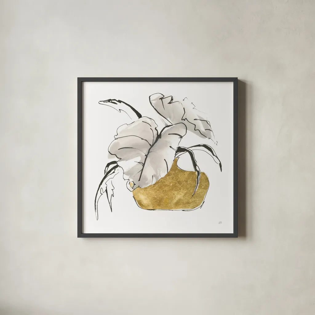 Delicate Gilded Vase II by Chris Paschke. Shown in a sleek black glass frame for a contemporary gallery look. Available as an archival giclee rolled canvas, fine art paper, or poster print. SKU 74093a.