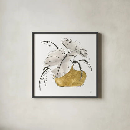 Delicate Gilded Vase II by Chris Paschke. Shown in a sleek black glass frame for a contemporary gallery look. Available as an archival giclee rolled canvas, fine art paper, or poster print. SKU 74093a.