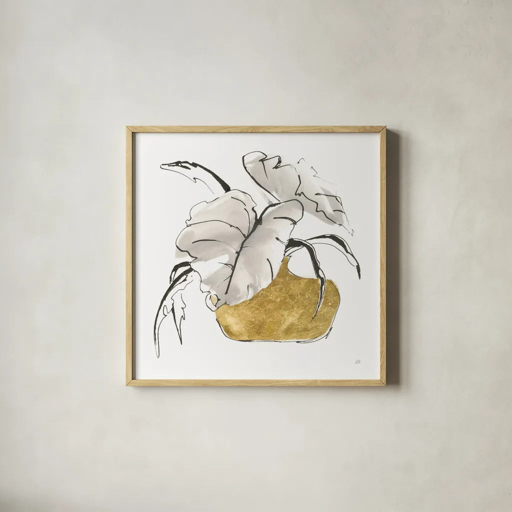 Delicate Gilded Vase II by Chris Paschke. Shown in a natural wood glass frame for a timeless modern aesthetic. Available as an archival giclee rolled canvas, fine art paper, or poster print. SKU 74093a.