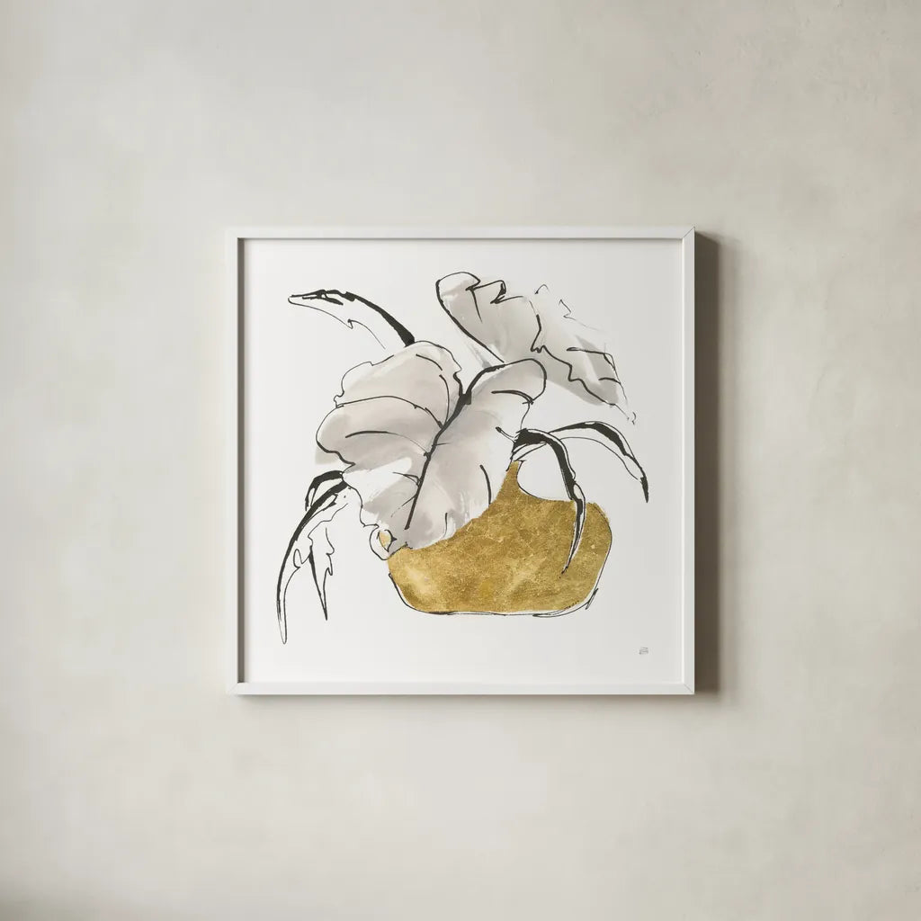 Delicate Gilded Vase II by Chris Paschke. Shown in a crisp white glass frame for a clean and minimalist style. Available as an archival giclee rolled canvas, fine art paper, or poster print. SKU 74093a.
