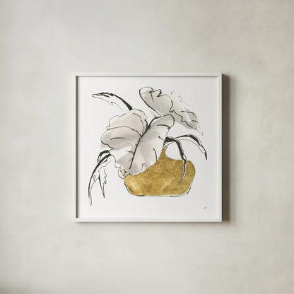 Delicate Gilded Vase II by Chris Paschke. Shown in a crisp white glass frame for a clean and minimalist style. Available as an archival giclee rolled canvas, fine art paper, or poster print. SKU 74093a.