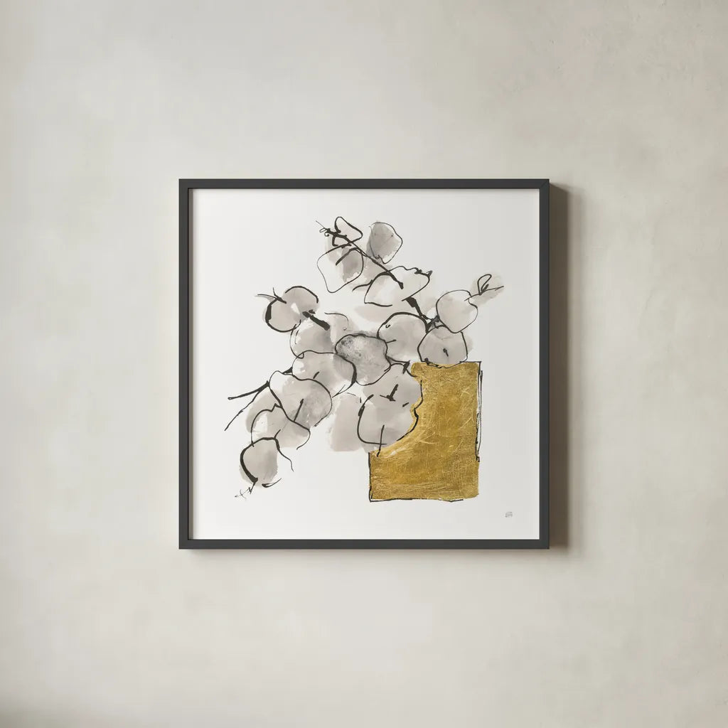 Delicate Gilded Vase IV by Chris Paschke. Shown in a sleek black glass frame for a contemporary gallery look. Available as an archival giclee rolled canvas, fine art paper, or poster print. SKU 74095a.