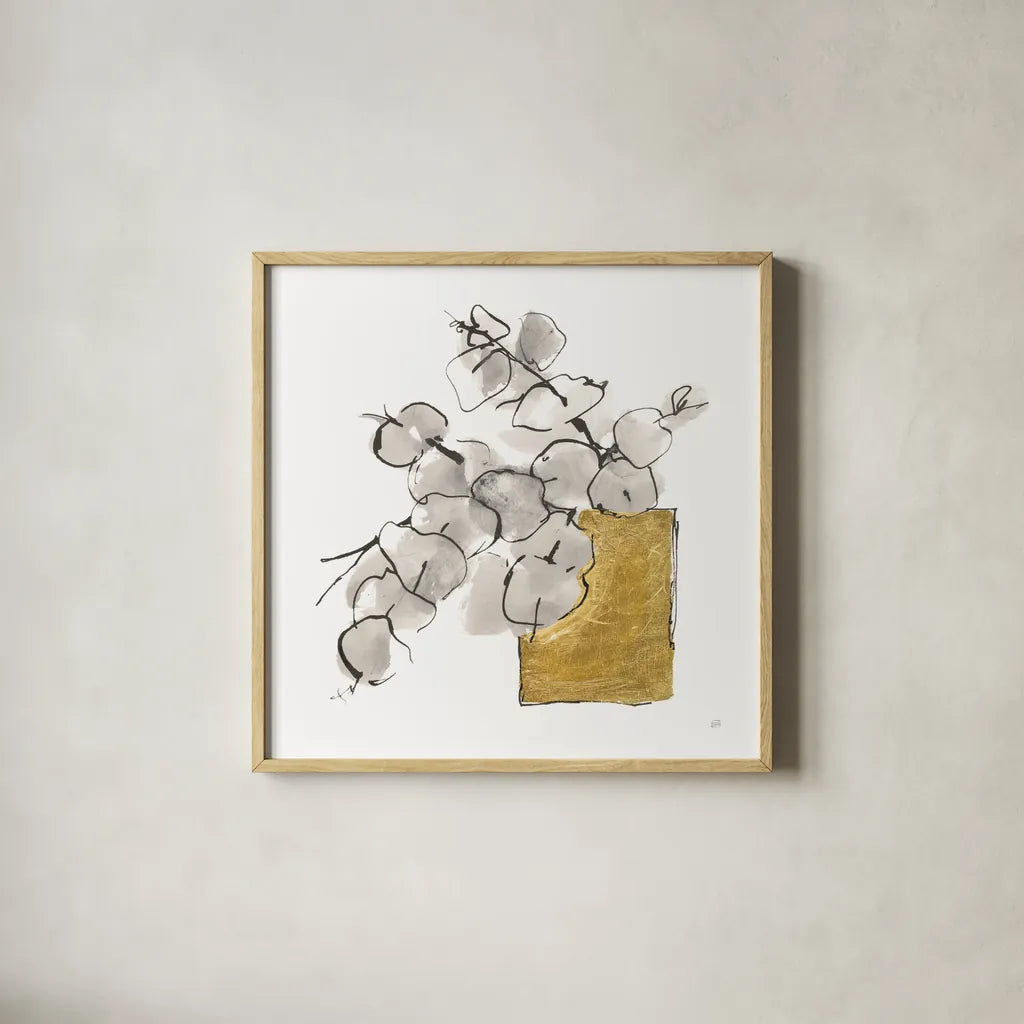 Delicate Gilded Vase IV by Chris Paschke. Shown in a natural wood glass frame for a timeless modern aesthetic. Available as an archival giclee rolled canvas, fine art paper, or poster print. SKU 74095a.