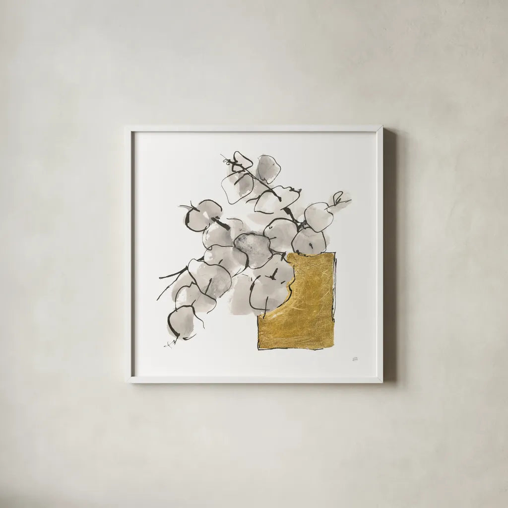 Delicate Gilded Vase IV by Chris Paschke. Shown in a crisp white glass frame for a clean and minimalist style. Available as an archival giclee rolled canvas, fine art paper, or poster print. SKU 74095a.