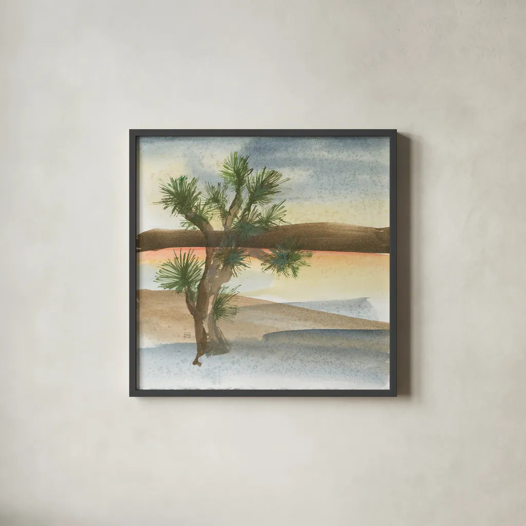 Desert Joshua Tree by Chris Paschke. Shown in a sleek black glass frame for a contemporary gallery look. Available as an archival giclee rolled canvas, fine art paper, or poster print. SKU 23899a.