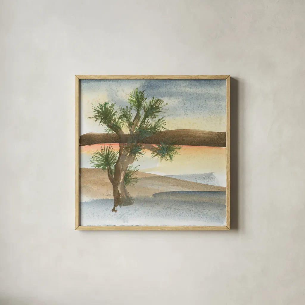 Desert Joshua Tree by Chris Paschke. Shown in a natural wood glass frame for a timeless modern aesthetic. Available as an archival giclee rolled canvas, fine art paper, or poster print. SKU 23899a.