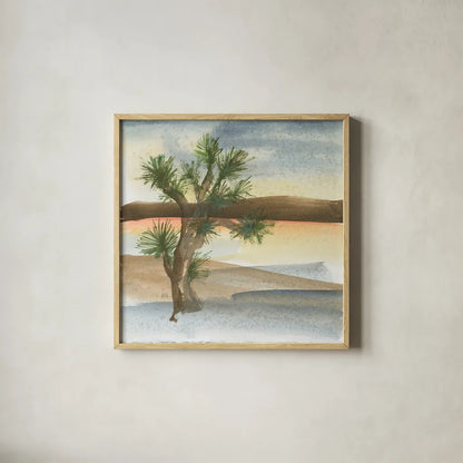 Desert Joshua Tree by Chris Paschke. Shown in a natural wood glass frame for a timeless modern aesthetic. Available as an archival giclee rolled canvas, fine art paper, or poster print. SKU 23899a.