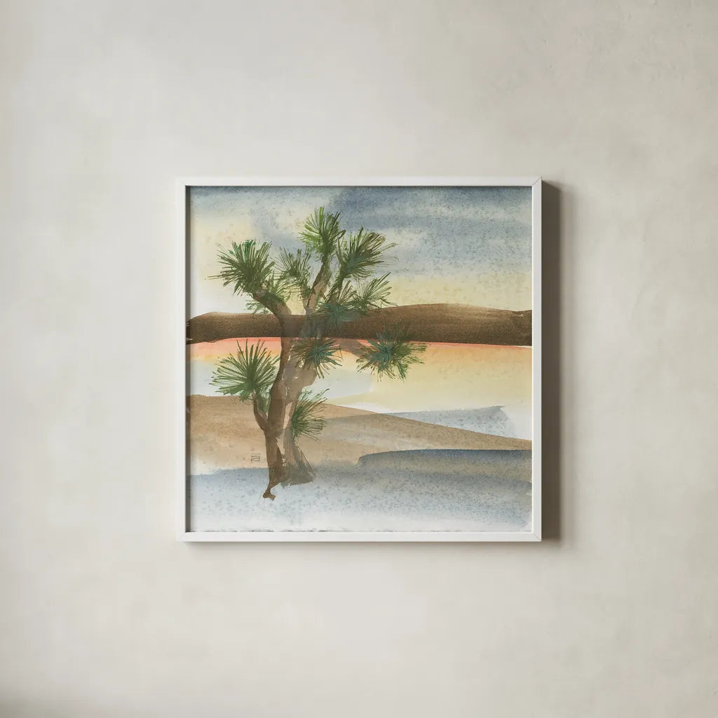 Desert Joshua Tree by Chris Paschke. Shown in a crisp white glass frame for a clean and minimalist style. Available as an archival giclee rolled canvas, fine art paper, or poster print. SKU 23899a.