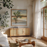 Desert Joshua Tree by Chris Paschke. Shown in a natural wood frame in a cozy modern living room. Available as an archival giclee rolled canvas, fine art paper, or poster print. SKU 23899a.
