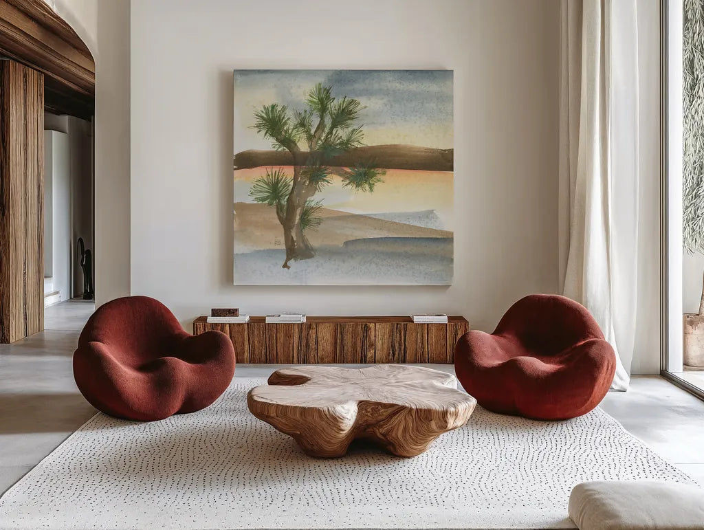 Desert Joshua Tree by Chris Paschke. Shown as extra-large giant wall art in a modern living room. Available as an archival giclee rolled canvas, fine art paper, or poster print. SKU 23899a.