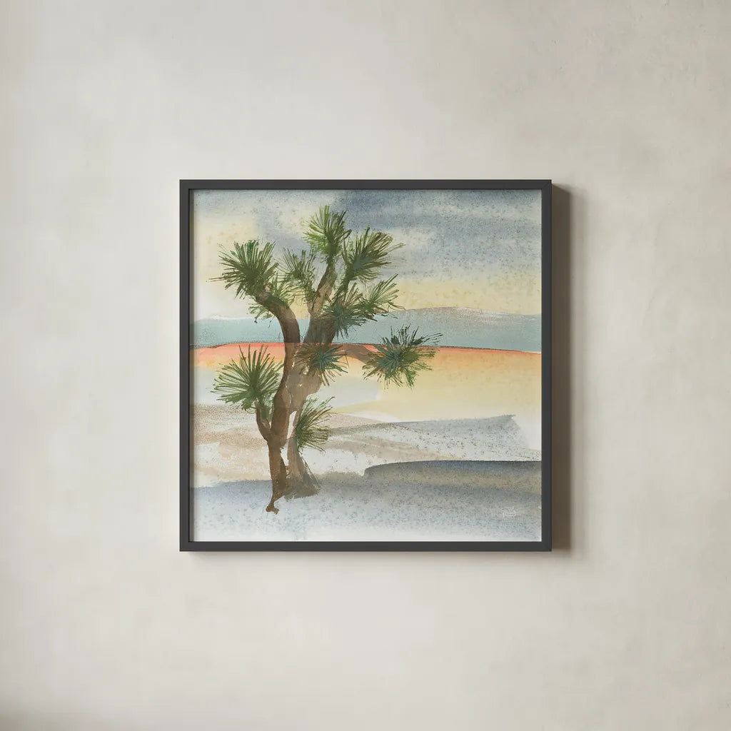 Desert Joshua Tree Cool by Chris Paschke. Shown in a sleek black glass frame for a contemporary gallery look. Available as an archival giclee rolled canvas, fine art paper, or poster print. SKU 27008a.