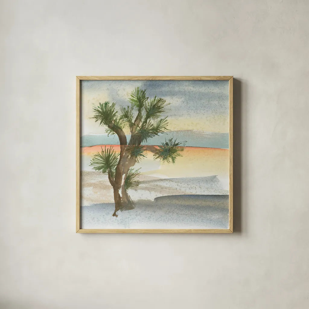 Desert Joshua Tree Cool by Chris Paschke. Shown in a natural wood glass frame for a timeless modern aesthetic. Available as an archival giclee rolled canvas, fine art paper, or poster print. SKU 27008a.
