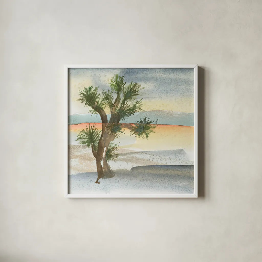 Desert Joshua Tree Cool by Chris Paschke. Shown in a crisp white glass frame for a clean and minimalist style. Available as an archival giclee rolled canvas, fine art paper, or poster print. SKU 27008a.
