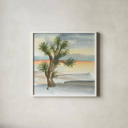 Desert Joshua Tree Cool by Chris Paschke. Shown in a crisp white glass frame for a clean and minimalist style. Available as an archival giclee rolled canvas, fine art paper, or poster print. SKU 27008a.