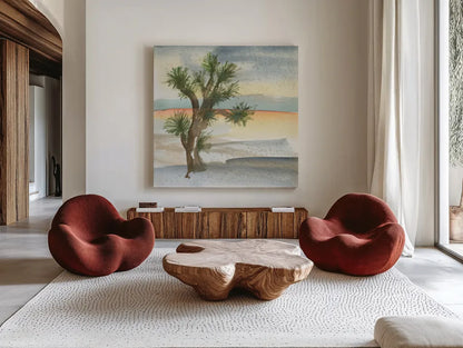 Desert Joshua Tree Cool by Chris Paschke. Shown as extra-large giant wall art in a modern living room. Available as an archival giclee rolled canvas, fine art paper, or poster print. SKU 27008a.