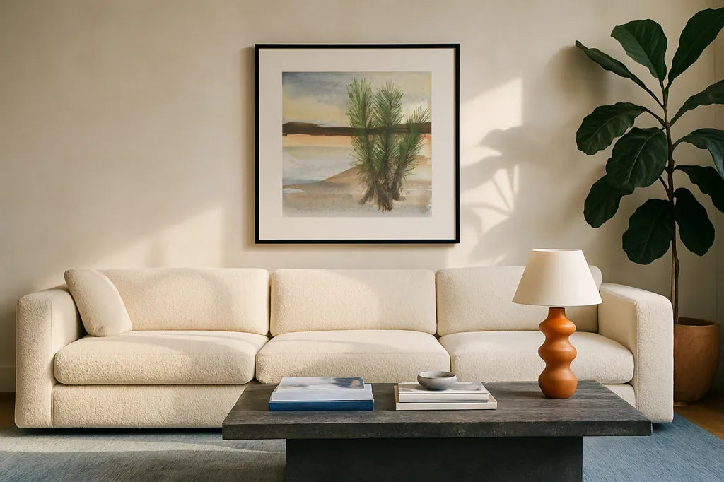 Desert Yucca by Chris Paschke. Displayed in a glass frame with matte in a clean modern living room. Available as an archival giclee rolled canvas, fine art paper, or poster print. SKU 23900a.