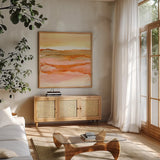 Desertscape I by Chris Paschke. Shown in a natural wood frame in a cozy modern living room. Available as an archival giclee rolled canvas, fine art paper, or poster print. SKU 66758a.