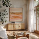 Desertscape I Oasis by Chris Paschke. Shown in a natural wood frame in a cozy modern living room. Available as an archival giclee rolled canvas, fine art paper, or poster print. SKU 72481a.