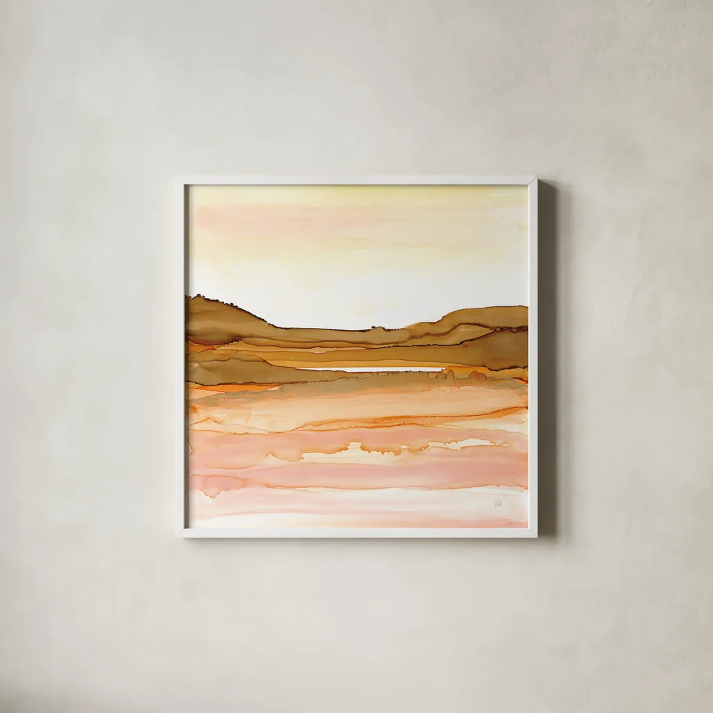 Desertscape II by Chris Paschke. Shown in a crisp white glass frame for a clean and minimalist style. Available as an archival giclee rolled canvas, fine art paper, or poster print. SKU 66759a.