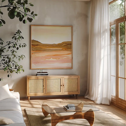 Desertscape II by Chris Paschke. Shown in a natural wood frame in a cozy modern living room. Available as an archival giclee rolled canvas, fine art paper, or poster print. SKU 66759a.