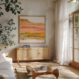Desertscape III by Chris Paschke. Shown in a natural wood frame in a cozy modern living room. Available as an archival giclee rolled canvas, fine art paper, or poster print. SKU 66760a.