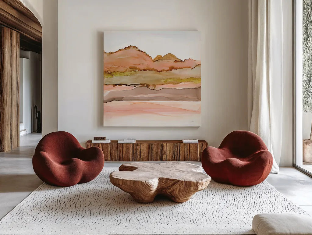 Desertscape IV by Chris Paschke. Shown as extra-large giant wall art in a modern living room. Available as an archival giclee rolled canvas, fine art paper, or poster print. SKU 66761a.