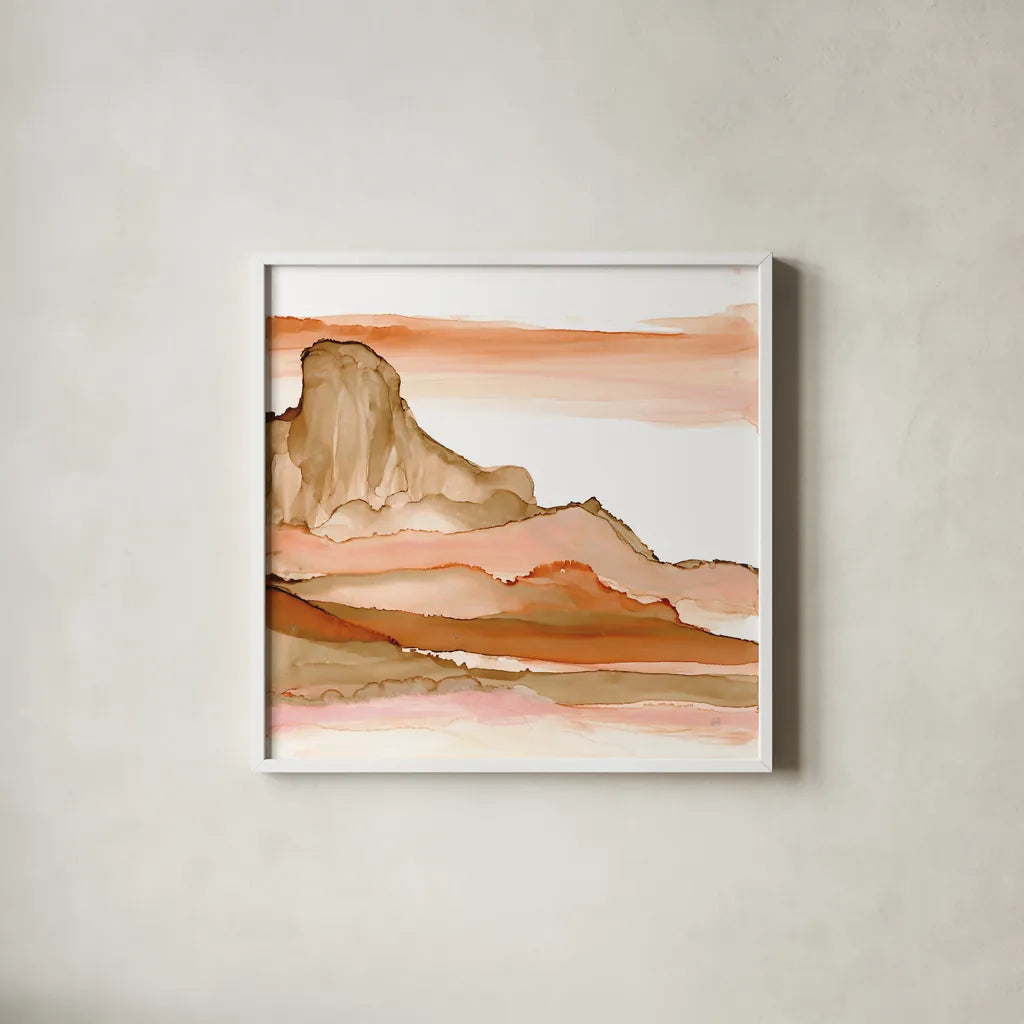 Desertscape V by Chris Paschke. Shown in a crisp white glass frame for a clean and minimalist style. Available as an archival giclee rolled canvas, fine art paper, or poster print. SKU 66762a.