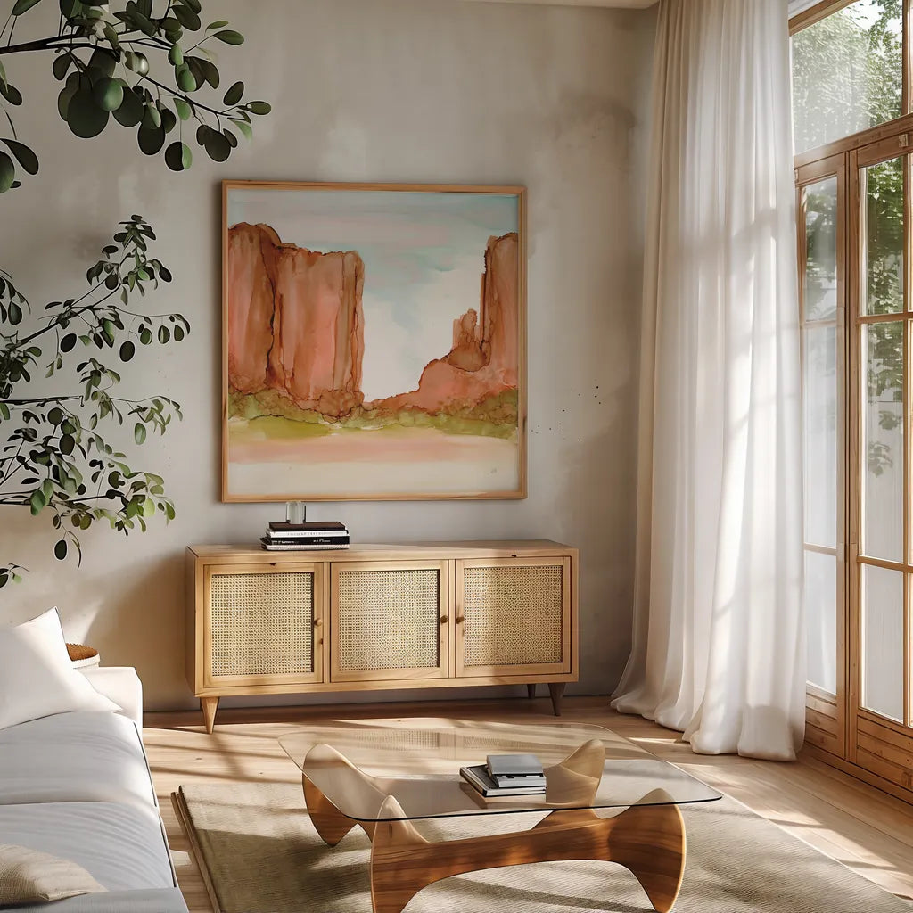 Desertscape VI by Chris Paschke. Shown in a natural wood frame in a cozy modern living room. Available as an archival giclee rolled canvas, fine art paper, or poster print. SKU 66763a.