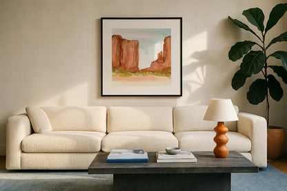 Desertscape VI by Chris Paschke. Displayed in a glass frame with matte in a clean modern living room. Available as an archival giclee rolled canvas, fine art paper, or poster print. SKU 66763a.