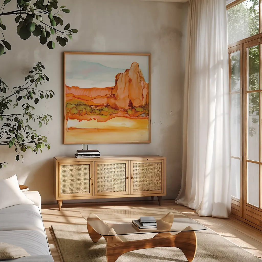 Desertscape VII by Chris Paschke. Shown in a natural wood frame in a cozy modern living room. Available as an archival giclee rolled canvas, fine art paper, or poster print. SKU 66764a.