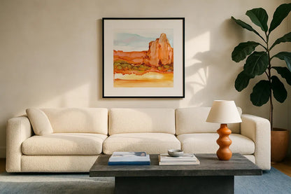 Desertscape VII by Chris Paschke. Displayed in a glass frame with matte in a clean modern living room. Available as an archival giclee rolled canvas, fine art paper, or poster print. SKU 66764a.