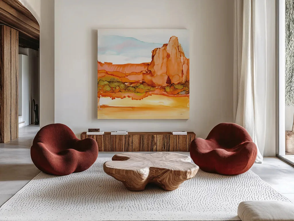 Desertscape VII by Chris Paschke. Shown as extra-large giant wall art in a modern living room. Available as an archival giclee rolled canvas, fine art paper, or poster print. SKU 66764a.