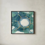 Dharma Wheel I by Chris Paschke. Shown in a sleek black glass frame for a contemporary gallery look. Available as an archival giclee rolled canvas, fine art paper, or poster print. SKU 48026a.
