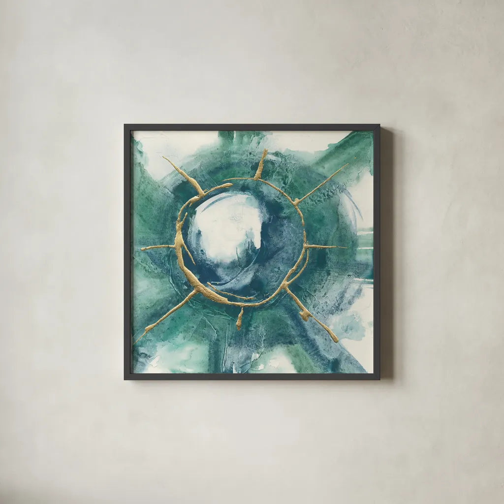 Dharma Wheel II by Chris Paschke. Shown in a sleek black glass frame for a contemporary gallery look. Available as an archival giclee rolled canvas, fine art paper, or poster print. SKU 48027a.