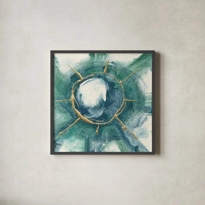 Dharma Wheel II by Chris Paschke. Shown in a sleek black glass frame for a contemporary gallery look. Available as an archival giclee rolled canvas, fine art paper, or poster print. SKU 48027a.