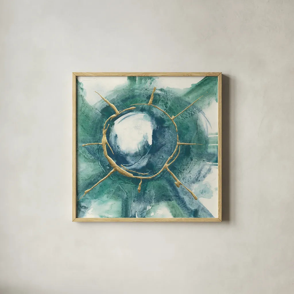 Dharma Wheel II by Chris Paschke. Shown in a natural wood glass frame for a timeless modern aesthetic. Available as an archival giclee rolled canvas, fine art paper, or poster print. SKU 48027a.