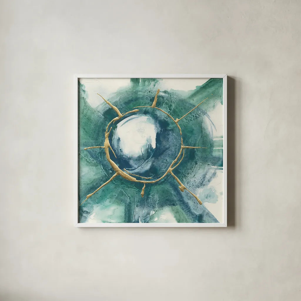 Dharma Wheel II by Chris Paschke. Shown in a crisp white glass frame for a clean and minimalist style. Available as an archival giclee rolled canvas, fine art paper, or poster print. SKU 48027a.