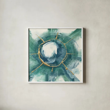 Dharma Wheel II by Chris Paschke. Shown in a crisp white glass frame for a clean and minimalist style. Available as an archival giclee rolled canvas, fine art paper, or poster print. SKU 48027a.