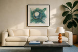 Dharma Wheel II by Chris Paschke. Displayed in a glass frame with matte in a clean modern living room. Available as an archival giclee rolled canvas, fine art paper, or poster print. SKU 48027a.